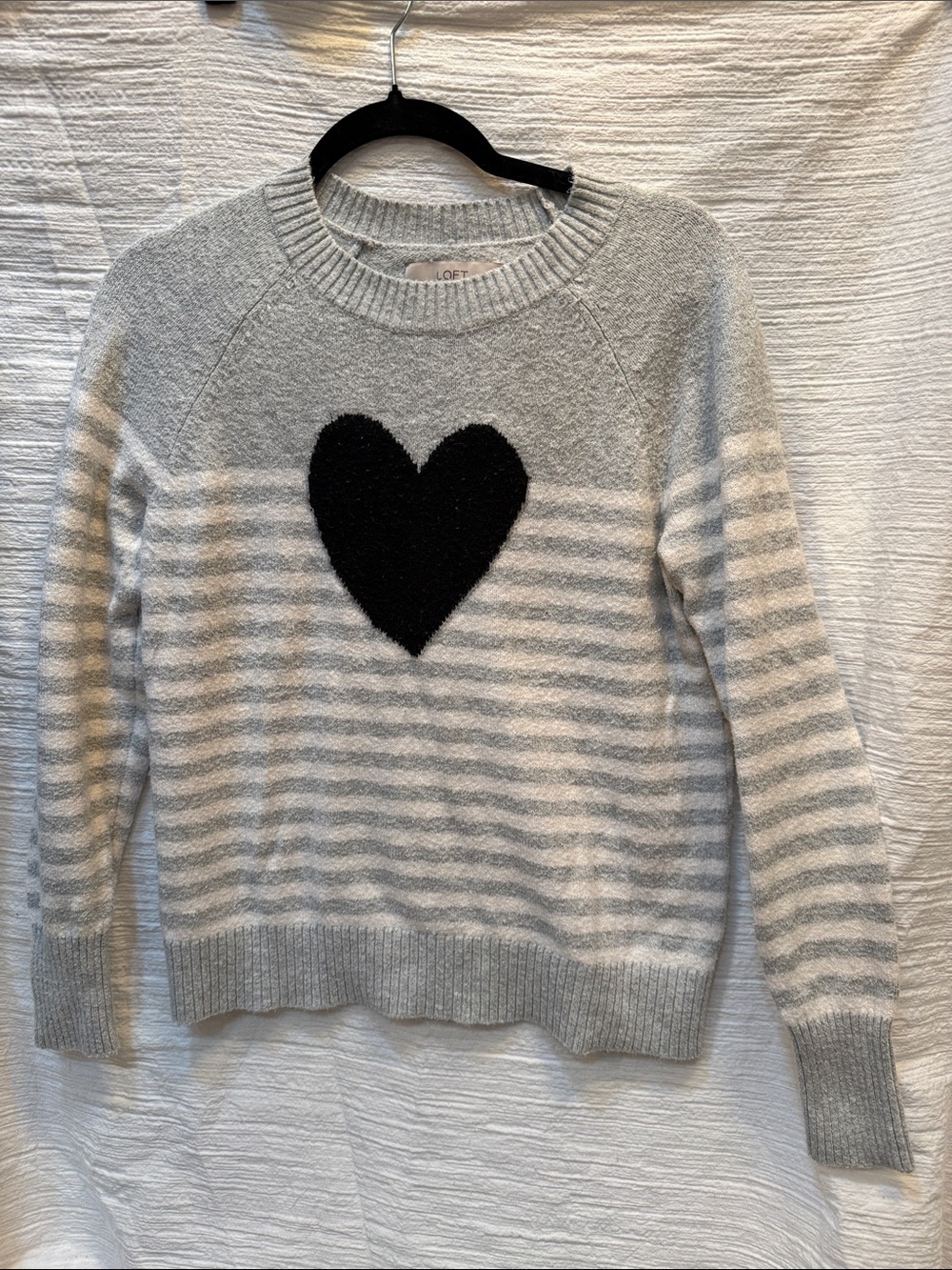 LOFT Light Gray & White Striped Crewneck Sweater with Black Heart